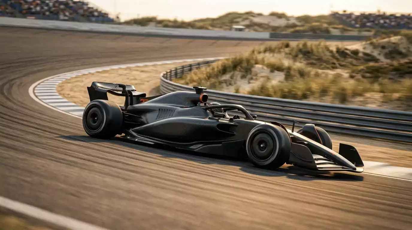 Formule&nbsp;1-bolide op het circuit van Zandvoort tijdens een raceweekend in de avondzon