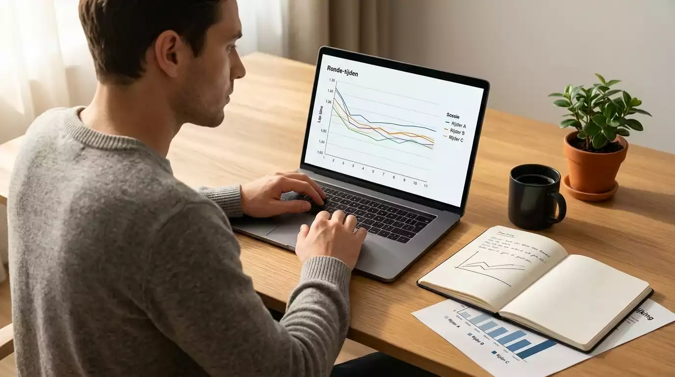 Persoon analyseert Formule&nbsp;1-rondetijden en statistieken op een laptop met notitieboek
