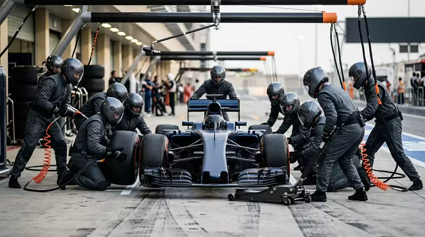 Pitstop-crew vervangt banden van een Formule&nbsp;1-auto tijdens een Grand Prix