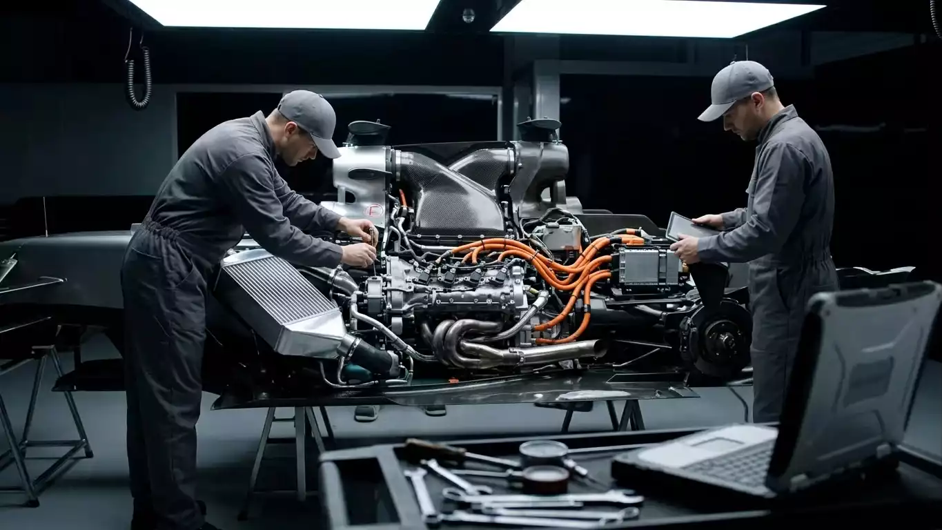 Monteurs werken aan de hybride power unit van een Formule&nbsp;1-bolide in de garage