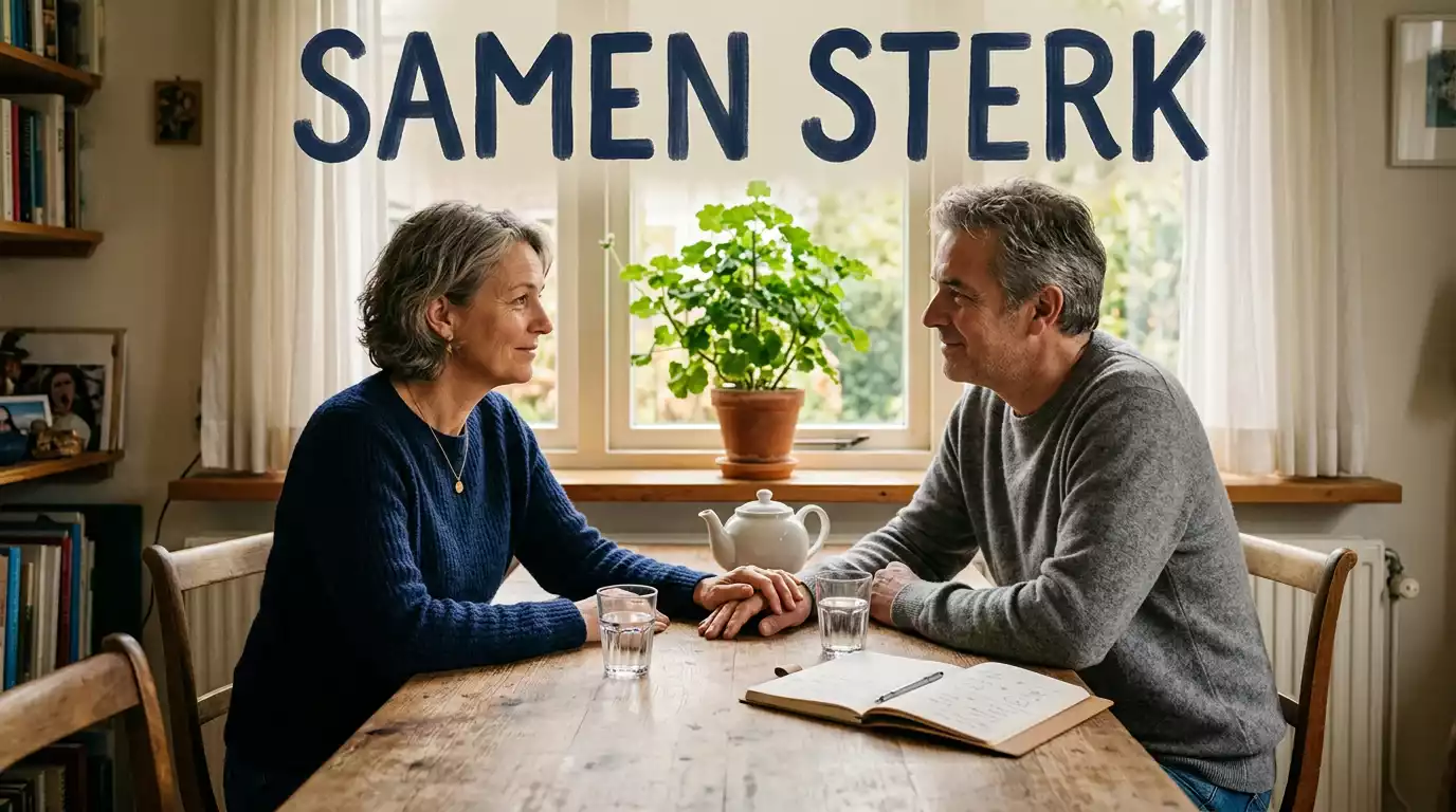 Twee personen voeren een rustig gesprek aan tafel bij daglicht in een huiselijke omgeving