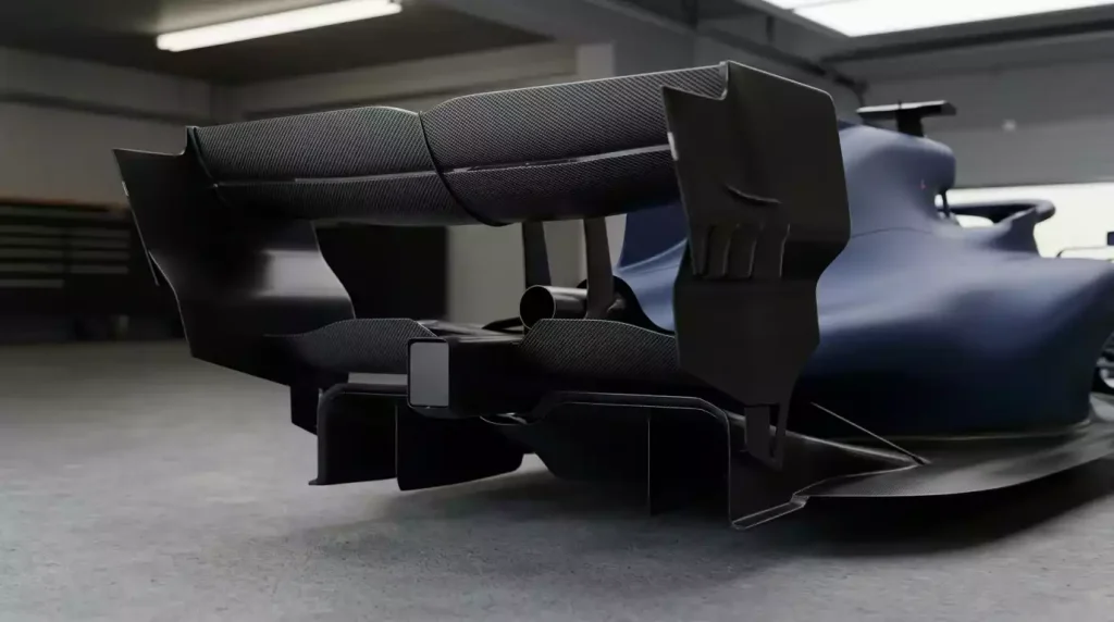 Achtervleugel van een Formule&nbsp;1 raceauto met aerodynamische details