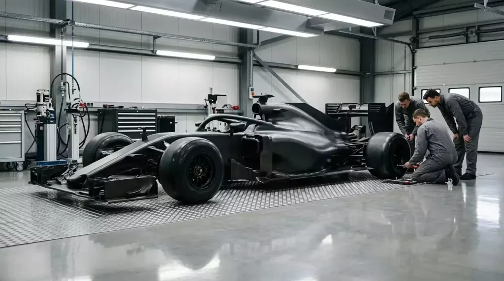 Moderne F1-bolide in een testgarage tijdens voorbereidingen op een nieuw seizoen