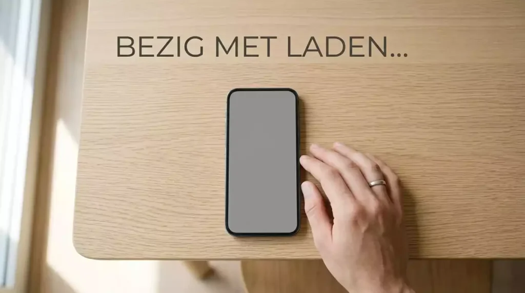 Smartphone in hand op een houten tafel met grijze startup-scherm zonder logo