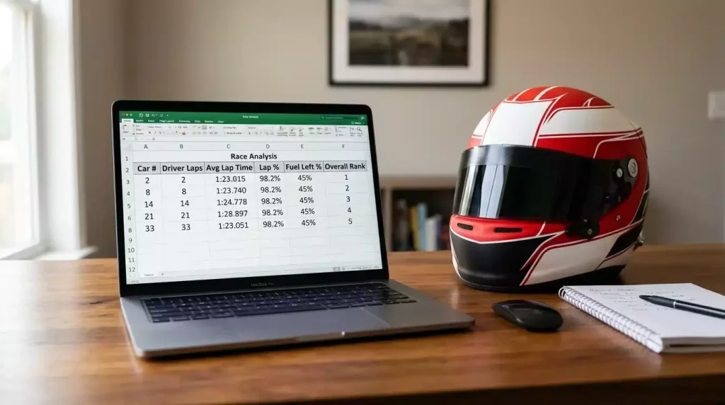 Laptop met spreadsheet over een F1-seizoensplan naast een racehelm op een bureau
