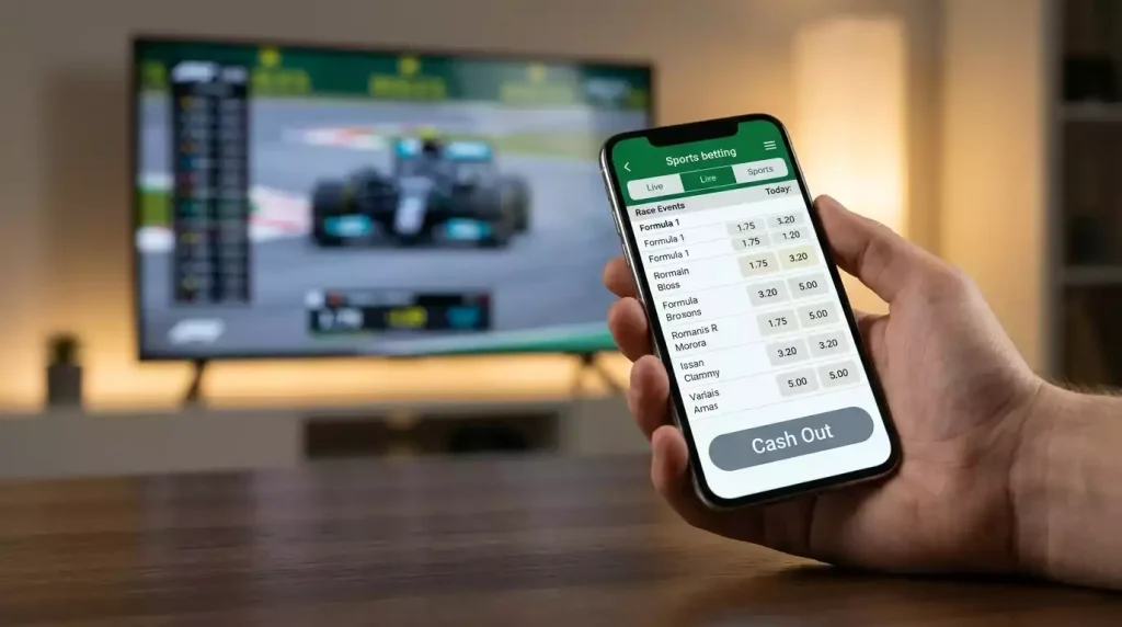 Mobiele telefoon met live F1-quoteringen en cash out-knop tijdens een Grand Prix