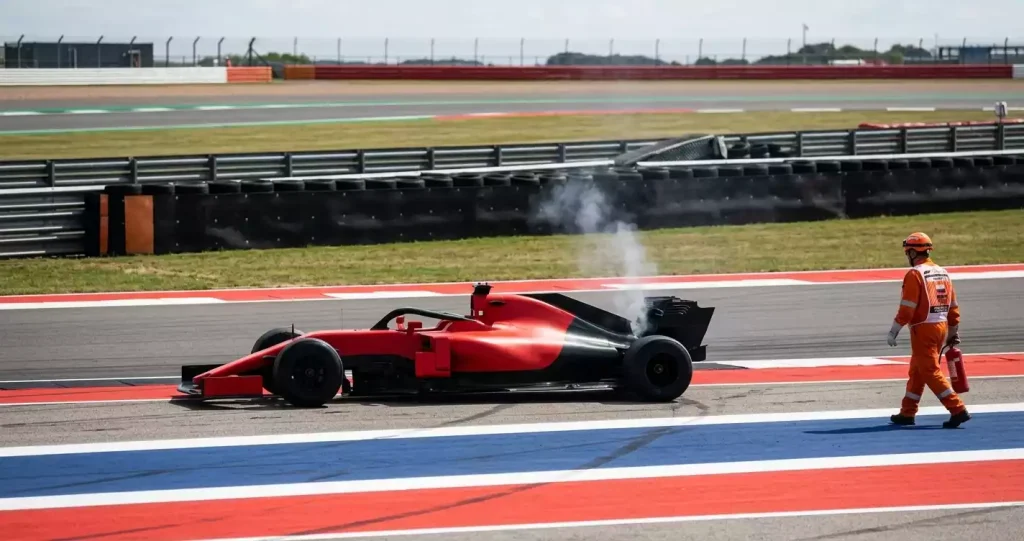 F1-auto met technische storing langs de baan tijdens een Grand Prix