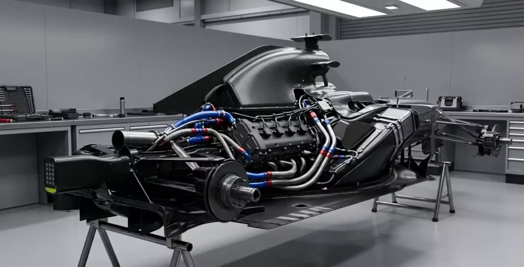 Power unit van een Formule&nbsp;1 raceauto in een team-garage tijdens onderhoud