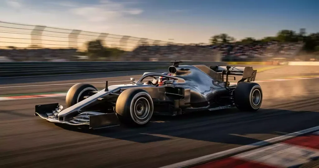 Moderne Formule&nbsp;1-wagen in volle vaart op een asfalt-racecircuit, zijaanzicht met scherp ochtendlicht en motion blur