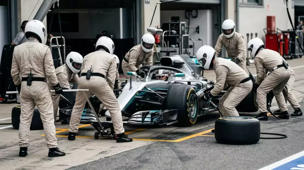 Pitstop-team in volledige raceoverall en helmen voert een bandenwissel uit op een Formule&nbsp;1-wagen in de pitstraat tijdens een Grand Prix
