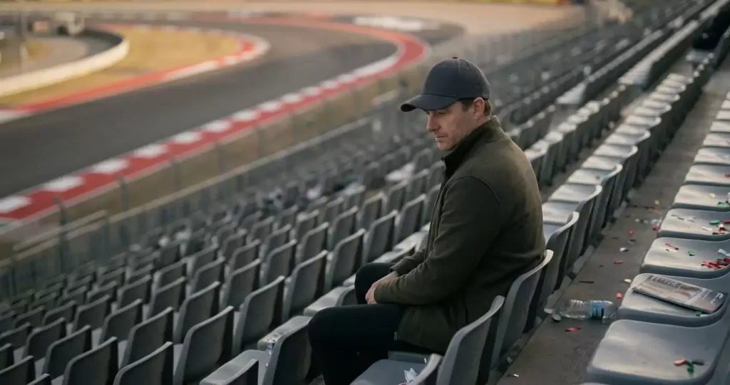 Een eenzame Formule&nbsp;1-toeschouwer in een race-cap zit nadenkend op een lege tribune met het lege asfaltcircuit op de achtergrond na afloop van een Grand Prix