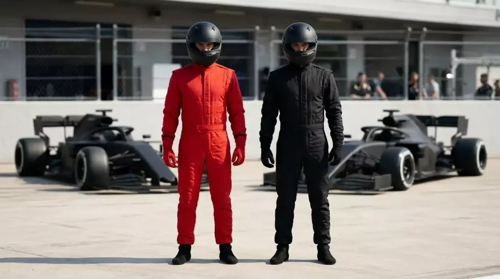 Twee F1-coureurs in helm naast elkaar voor een head-to-head-vergelijking