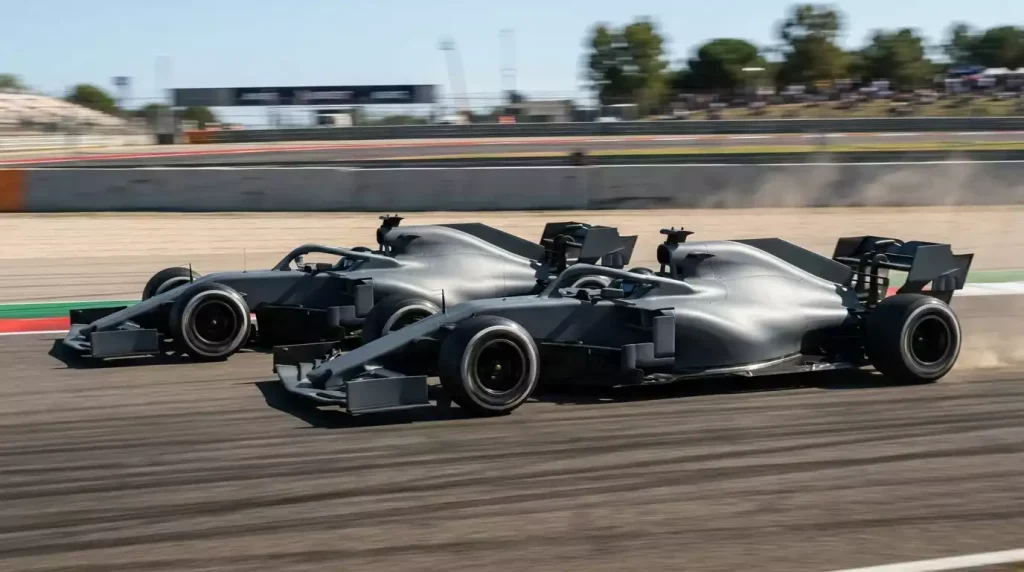 Twee F1-bolides van hetzelfde team rijdend in formatie op een circuit