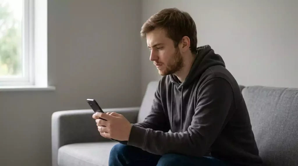 Jongvolwassen man kijkt nadenkend naar zijn smartphone in een rustige woonkamer