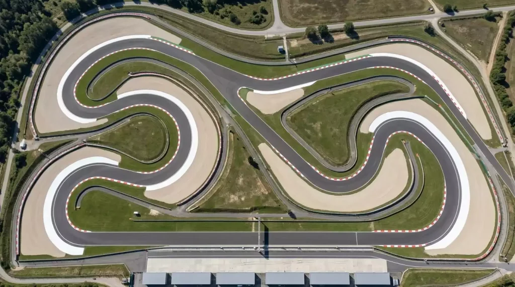 Aerial view van een Formule&nbsp;1 racecircuit met asfaltbanen en runoff-zones