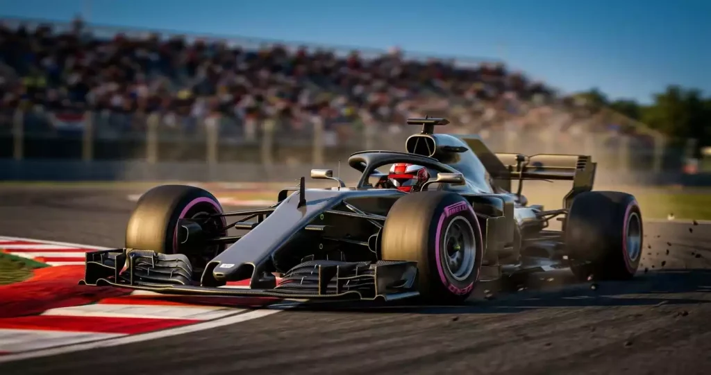 F1-coureur in kwalificatiesessie op de baan met timing display zichtbaar