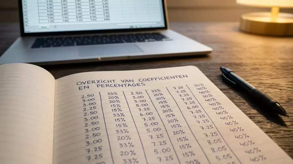 Open notitieboekje met handgeschreven decimale quoteringen en percentages voor een F1-race