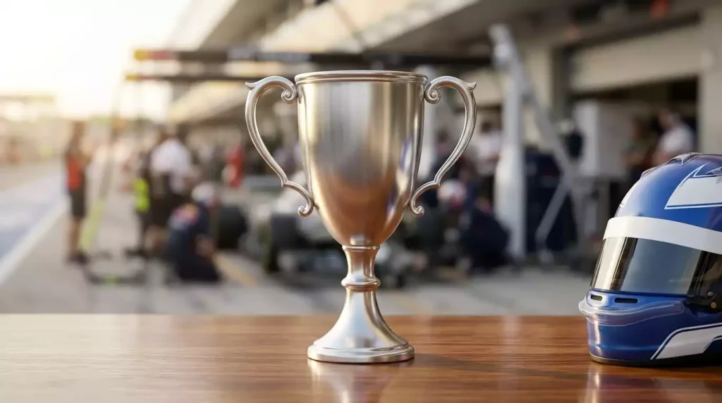 Zilveren racetrofee en een Formule&nbsp;1-helm op een houten tafel