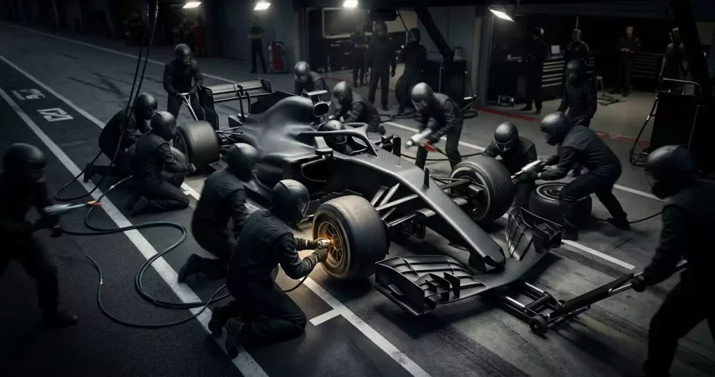 F1-pitstop met monteurs die banden wisselen tijdens een race