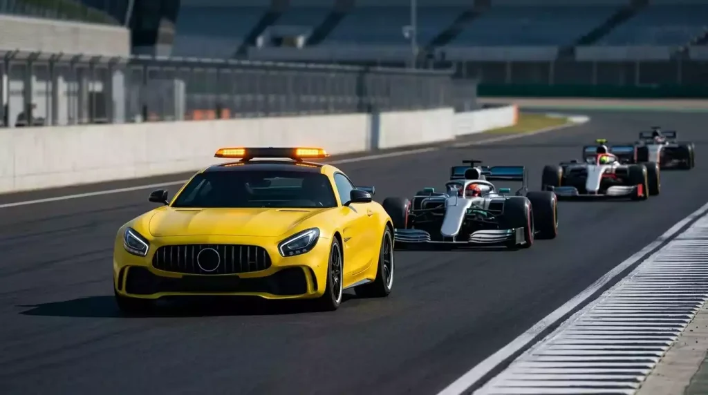 Safety car op een F1-circuit met startende racewagens en interventielampen