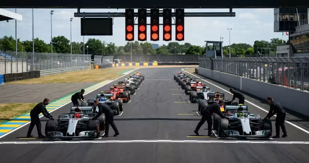 Startlampen op een F1-circuit voor de openingsrace van het seizoen