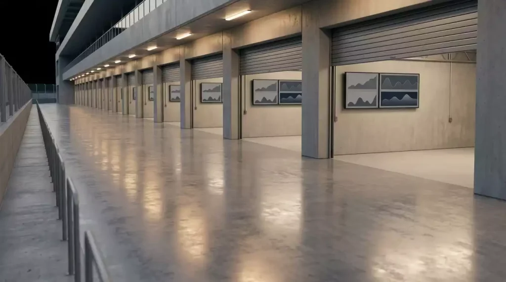 Pitstraat van een Formule&nbsp;1 circuit met team-monitoren en garage-ingangen