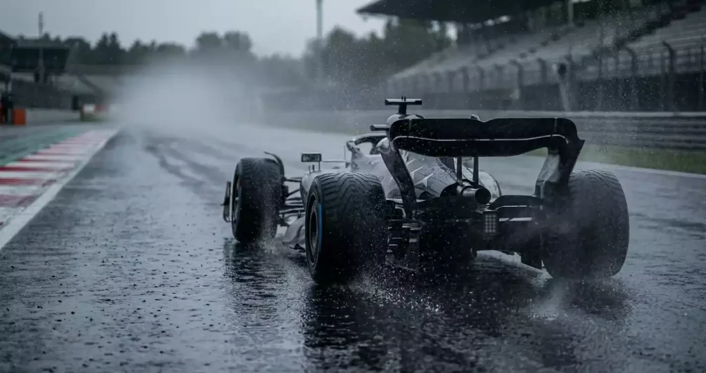 F1-auto op natte baan met spray en regen tijdens een race